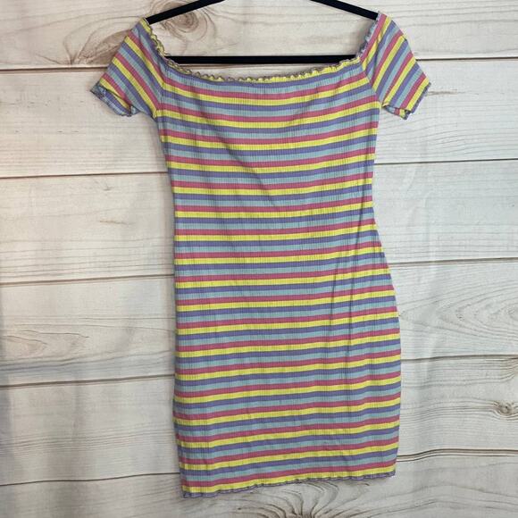 Shein Rainbow Colors Striped Off Shoulder Bodycon Mini Dress Size Medium - Picture 1 of 7
